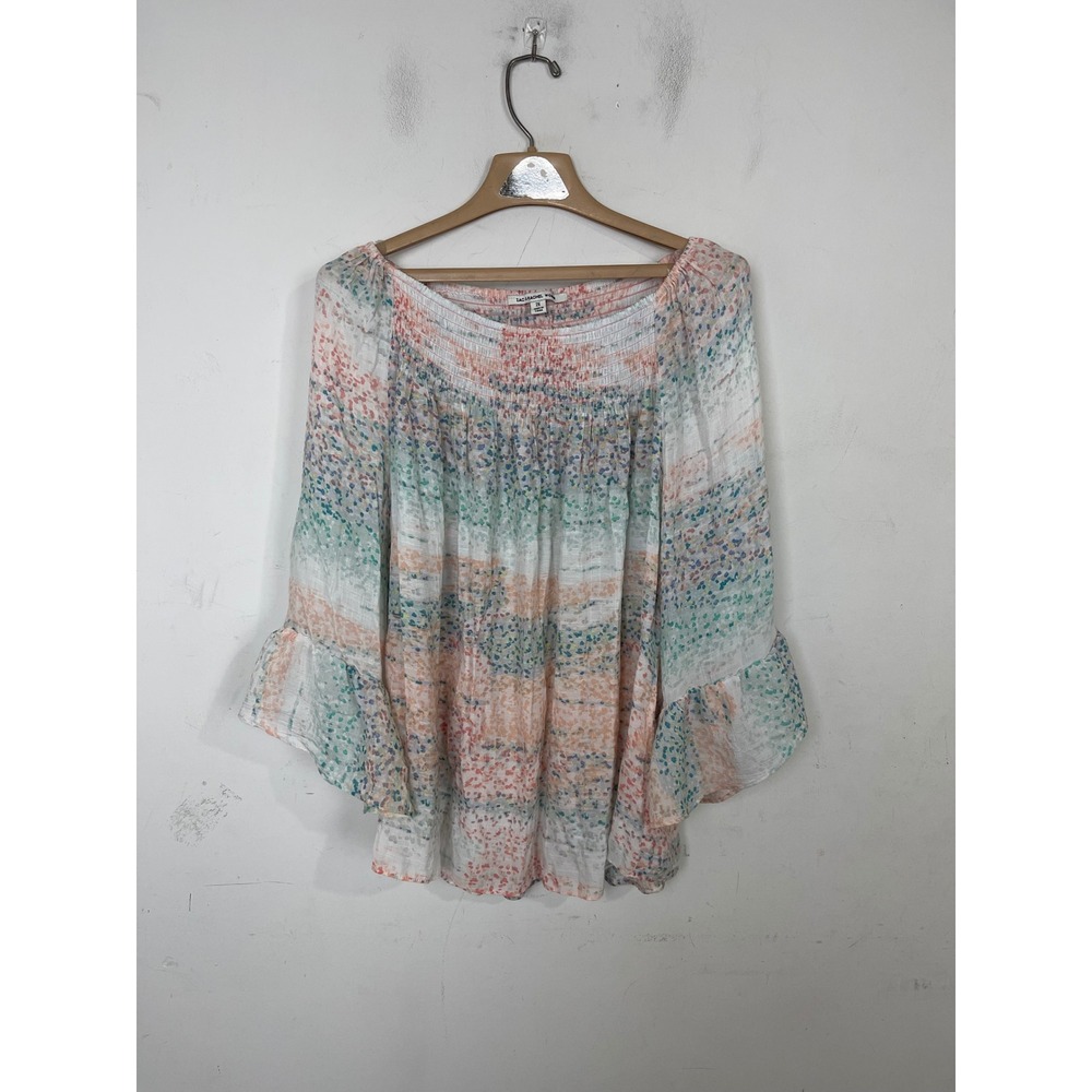 Zac & Rachel Woman 2X Blouse Multicolor Abstract‎ Smocked Fairy Boho Bell Sleeve